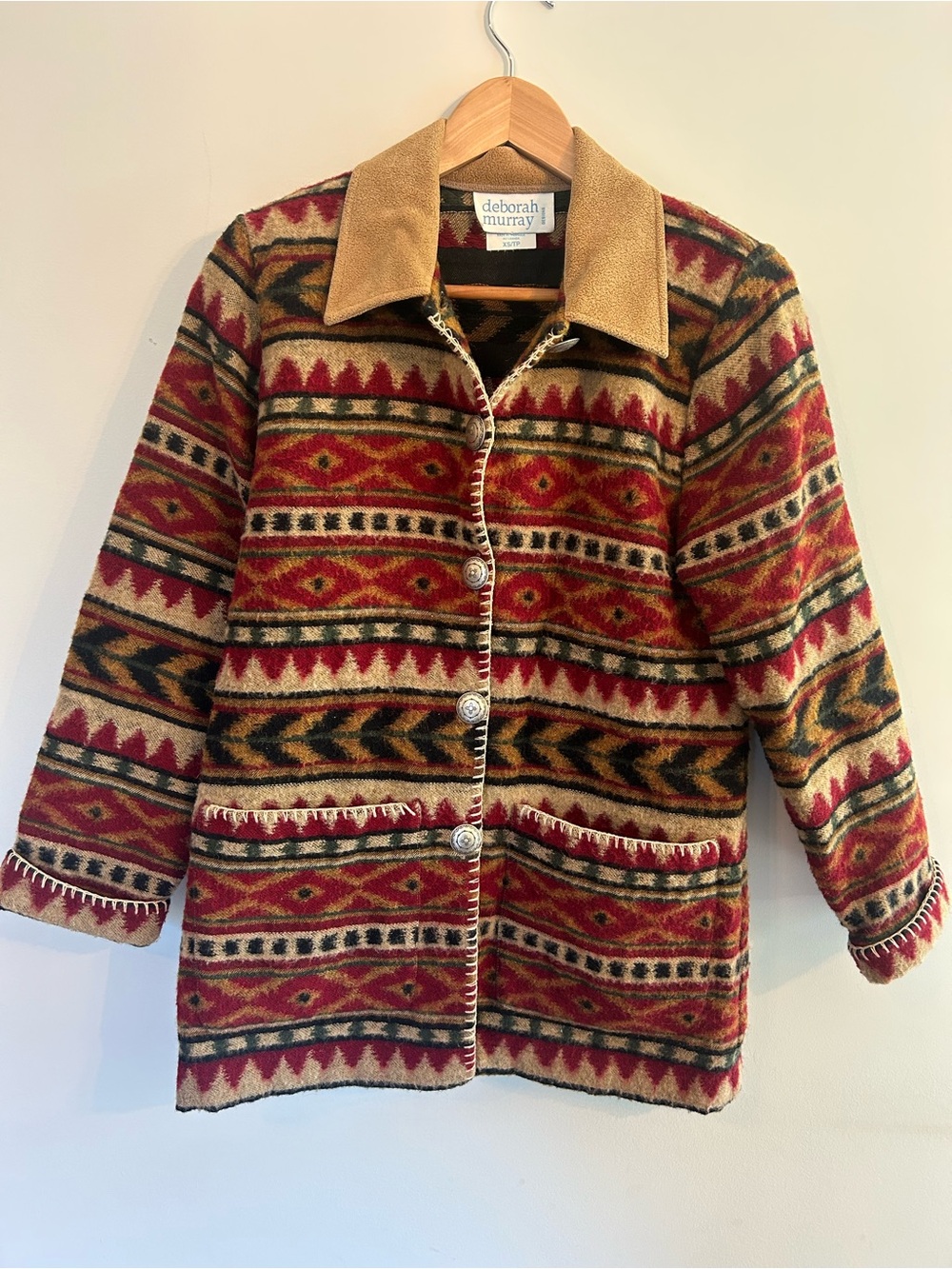 Vintage Southwestern Aztec Deborah Murray Red & Tan Patterned Wool Jacket